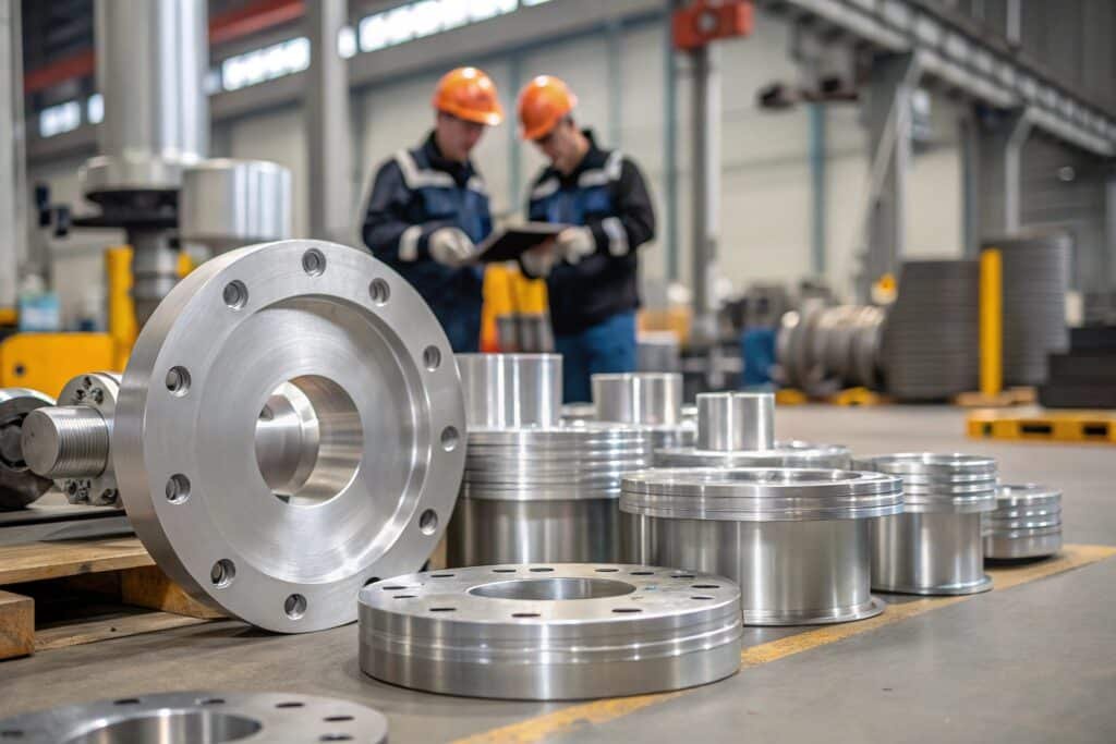 A dynamic illustration of a heated aluminum billet being compressed between two dies, showing the metal flowing to fill the die cavities.